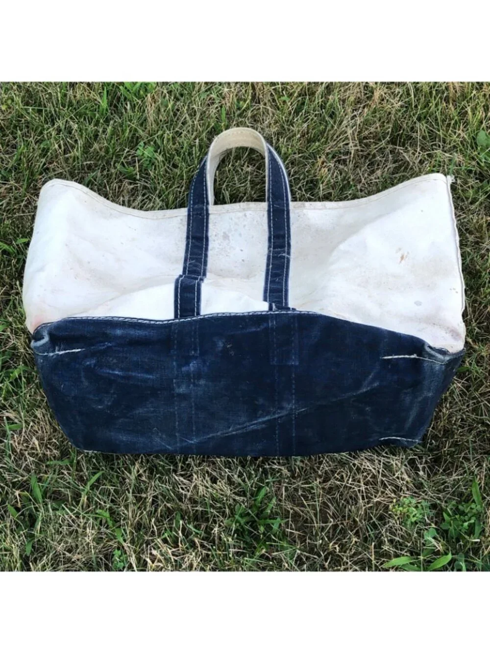 Vintage  80s LL Bean Canvas Boat & Tote Navy Handle Sawtooth Crinkle Tag Large